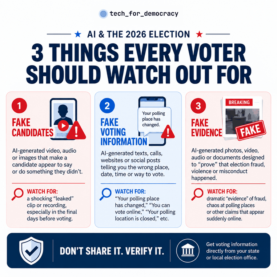 AI and the 2026 election. Three things every voter should watch out for: fake candidates, fake voting information, and fake evidence. Don't share it, verify it.